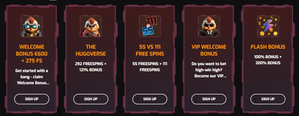 Hugo Casino promotional grid showcasing various welcome and reload bonuses.