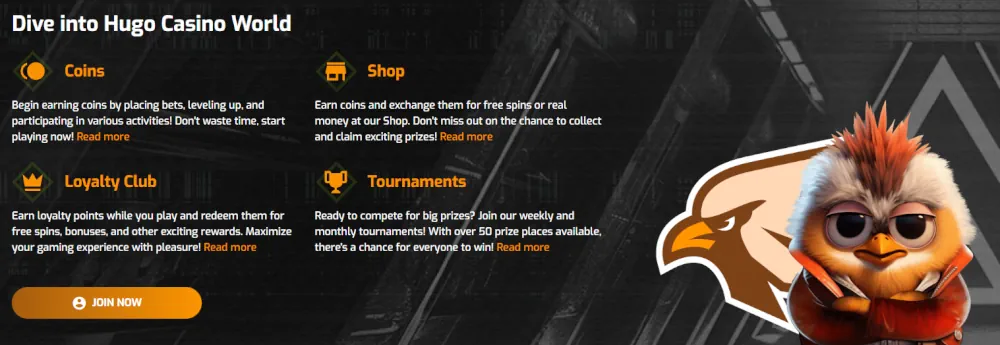 Hugo Casino loyalty club overview featuring a shop and tournaments.